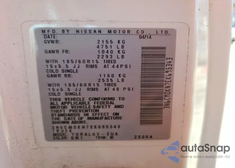 2014 Nissan Nv200 2.5S z USA, uszkodzony, nr VIN 3N6CM0KN7EK695343